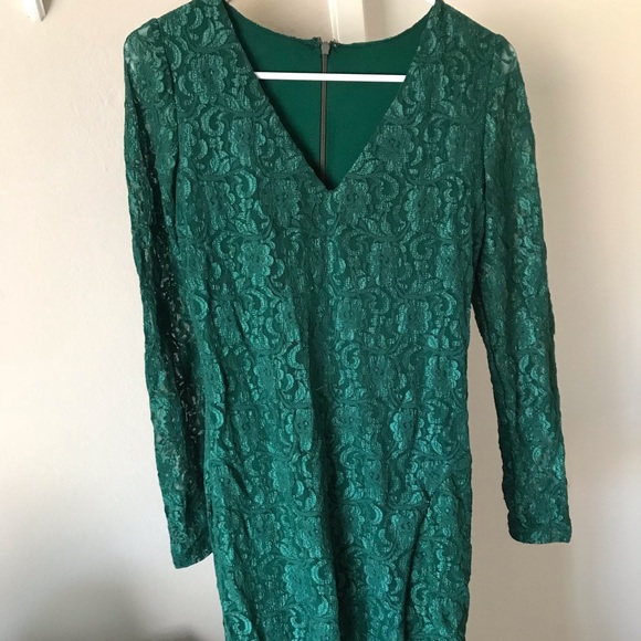 Dresses | Forest Green Lace Long Sleeved Gown With Slit | Poshmark